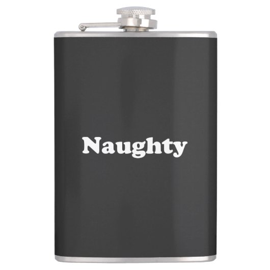 Naughty, witte letters zwart heupfles (Voorkant)