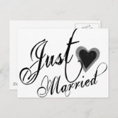 Naughy Grunge Script - Just Married Heart Black Aankondigingskaart (Voorkant / Achterkant)