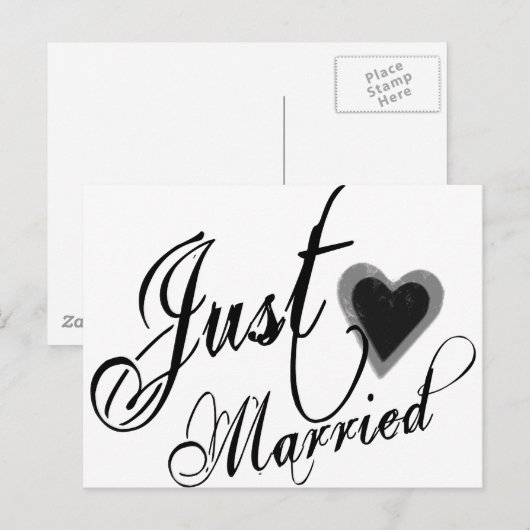 Naughy Grunge Script - Just Married Heart Black Aankondigingskaart (Voorkant / Achterkant)