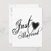 Naughy Grunge Script - Just Married Heart Black Aankondigingskaart (Voorkant / Achterkant)