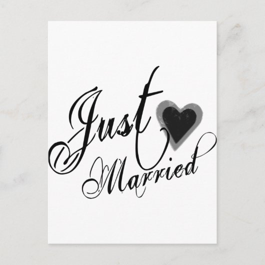 Naughy Grunge Script - Just Married Heart Black Aankondigingskaart (Voorkant)