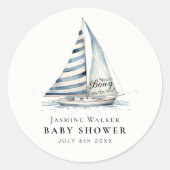 Nauti-Bouy Blue Stripe Sailboat Baby Shower Ronde Sticker (Voorkant)