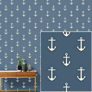 Nautical 0ff-White Anker op Donkergrijs/Blauw Behang