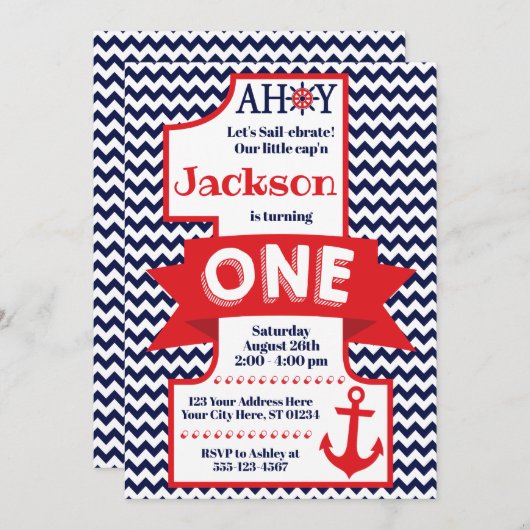 Nautical 1st Birthday Kaart (Voorkant / Achterkant)
