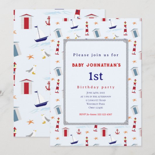 Nautical 1st Birthday Sailboat Birthday Party Kaart (Voorkant / Achterkant)