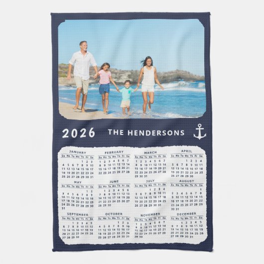 Nautical 2025 Kalender Familie Foto Navy Blue Theedoek (Verticaal)