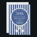Nautical 50th Birthday Party Navy Blue Guy Kaart<br><div class="desc">Een uitnodiging voor een marineblauw-nautische verjaardagsfeestje voor een man met een anker en een marinegestreepte achtergrond.</div>
