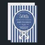 Nautical 50th Birthday Party Navy Blue Guy Kaart<br><div class="desc">Een uitnodiging voor een marineblauw-nautische verjaardagsfeestje voor een man met een anker en een marinegestreepte achtergrond.</div>