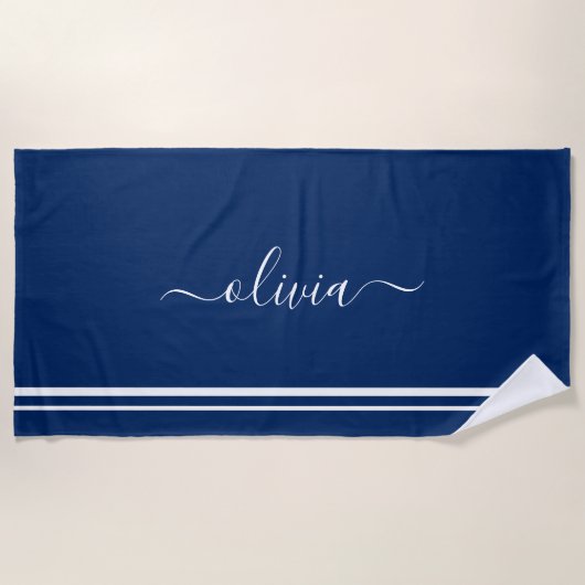 Nautical Add Name Script Navy Blue Striped Strandlaken (Voorkant)