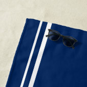 Nautical Add Name Script Navy Blue Striped Strandlaken (In situ)