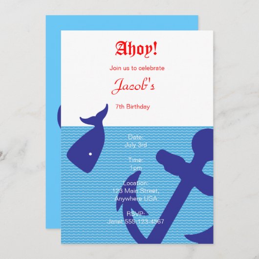 Nautical "Ahoy" Birthday Uitnodiging (Voorkant / Achterkant)