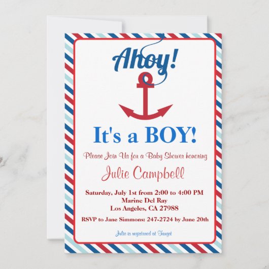 Nautical Ahoy Boy Baby shower Kaart (Voorkant)