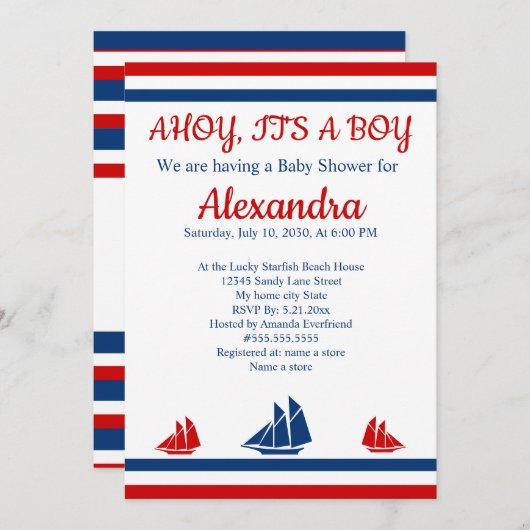 Nautical Ahoy Het is een Boy Red Navy Baby shower Aankondiging (Voorkant / Achterkant)