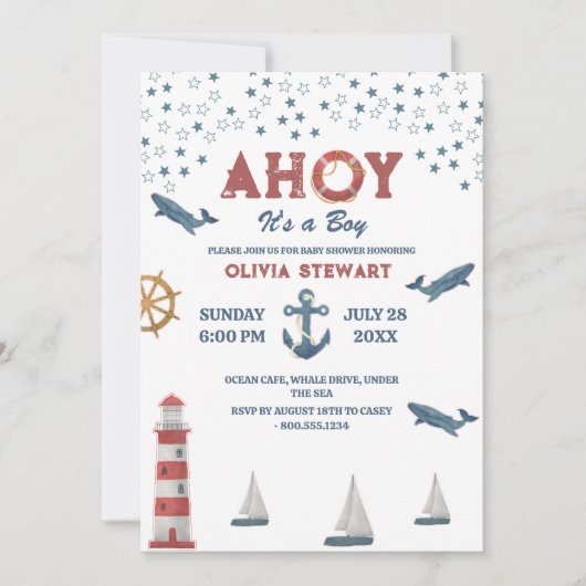 Nautical Ahoy is een jongen Baby shower Uitnodigin Kaart (Voorkant)