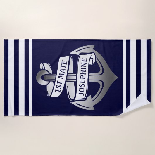 Nautical Anchor 1st Mate Name | Witte marinestreep Strandlaken (Voorkant)