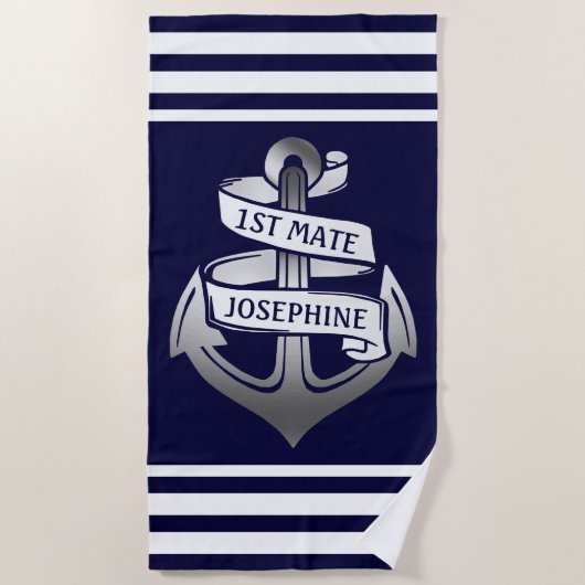 Nautical Anchor 1st Mate Name | Witte marinestreep Strandlaken (Voorkant)
