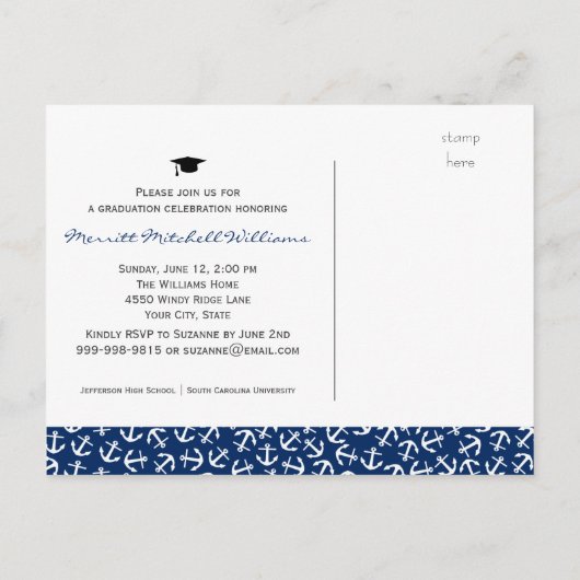 Nautical Anchor Afstuderen Class of 20XX Party Uitnodiging Briefkaart (Achterkant)