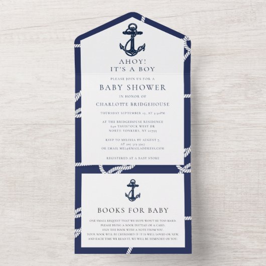 Nautical Anchor Ahoy A Boy Baby shower All In One Uitnodiging (Binnen)