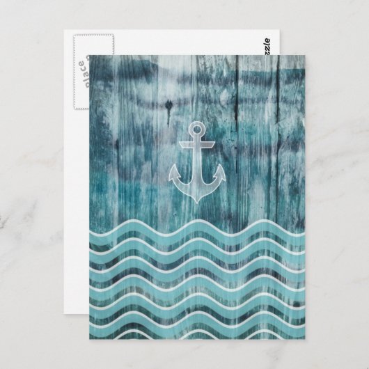 Nautical Anchor and Chevron Pattern on Wood Briefkaart (Voorkant / Achterkant)