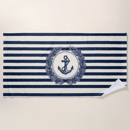 Nautical Anchor and Laurel Wreath on Navy Stripes Strandlaken (Voorkant)