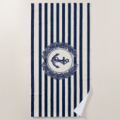 Nautical Anchor and Laurel Wreath on Navy Stripes Strandlaken (Voorkant)