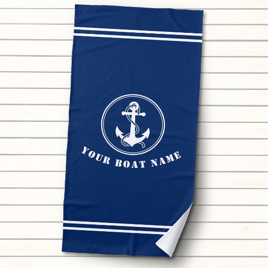 Nautical Anchor and Rope met Boat Name Navy Blue Strandlaken