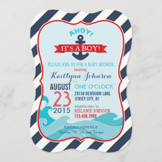 Nautical Anchor and Stripe Baby shower Invitation Kaart
