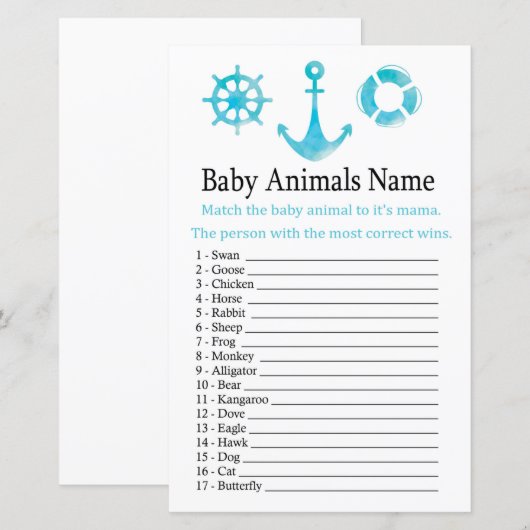 Nautical Anchor Baby Animals Name Game (Voorkant / Achterkant)