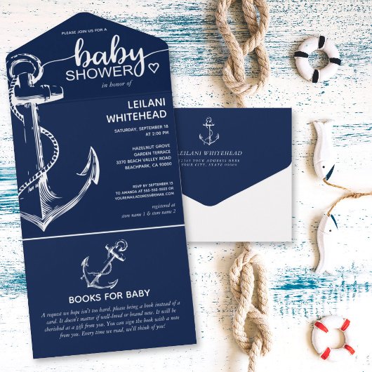 Nautical Anchor Baby shower Books for Baby Navy All In One Uitnodiging