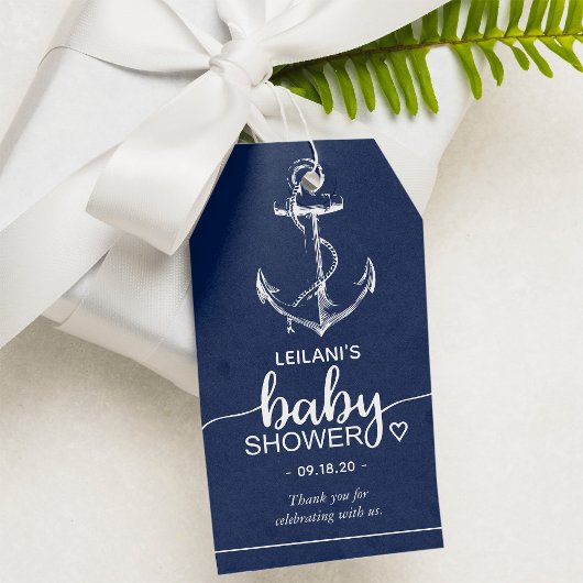 Nautical Anchor Baby shower Dank je marineblauw Cadeaulabel