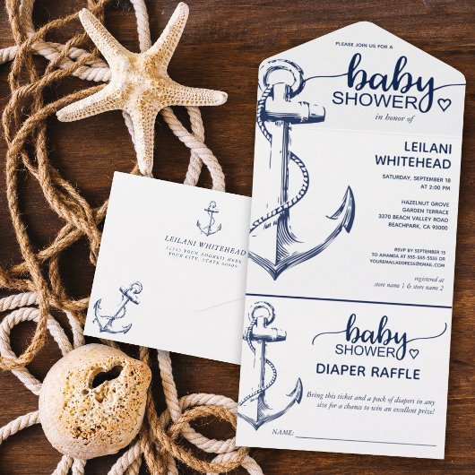 Nautical Anchor Baby shower Diaper Raffle All In One Uitnodiging