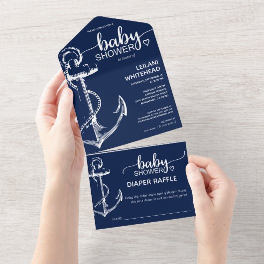 Nautical Anchor Baby shower Diaper Raffle Navy All In One Uitnodiging (Afscheurbaar)