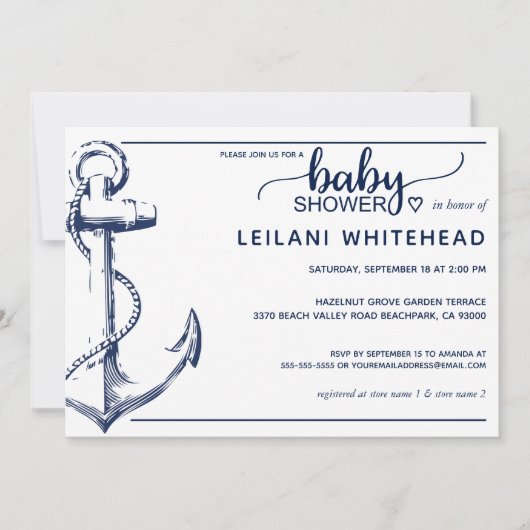 Nautical Anchor Baby shower Navy Blue Kaart (Voorkant)