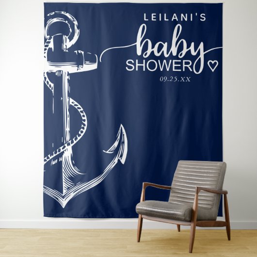 Nautical Anchor Baby shower Navy Blue Wandkleed (In situ)