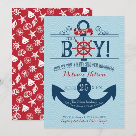 Nautical Anchor Beach Baby shower Invitation Kaart (Voorkant / Achterkant)