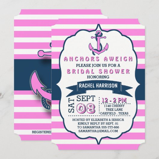 Nautical Anchor Beach Bridal Shower Invitations Kaart (Voorkant / Achterkant)