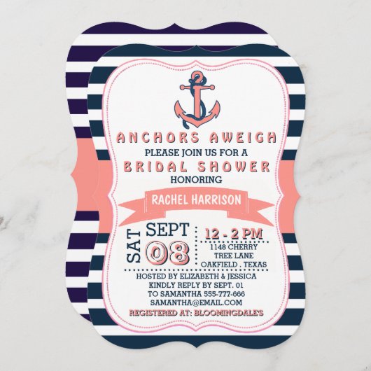 Nautical Anchor Beach Bridal Shower Invitations Kaart (Voorkant / Achterkant)