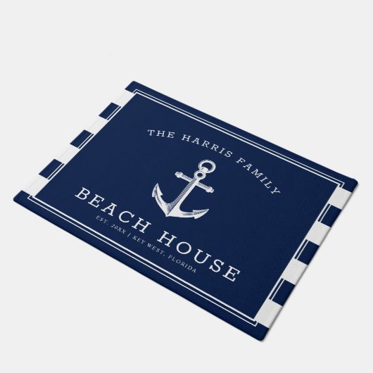 Nautical Anchor Beach House Welcome Navy Stripes Deurmat (Schuin)