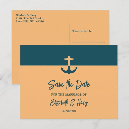 Nautical Anchor, Beach Wedding Save the Date Briefkaart (Voorkant / Achterkant)