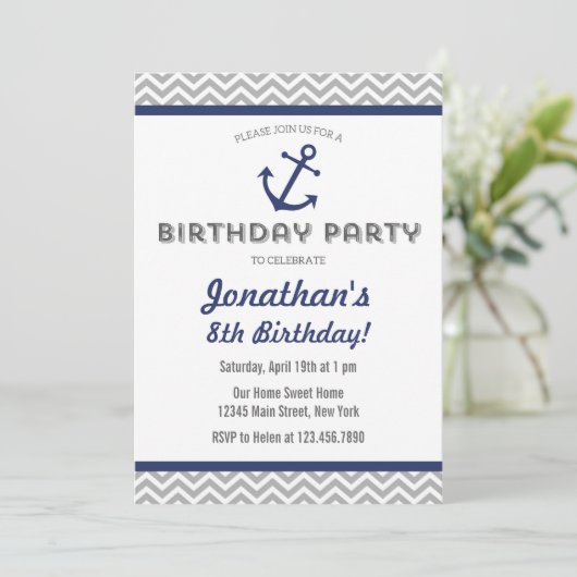 Nautical Anchor Birthday Invitation Navy Blue Kaart (Staand voorkant)