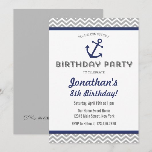 Nautical Anchor Birthday Invitation Navy Blue Kaart (Voorkant / Achterkant)