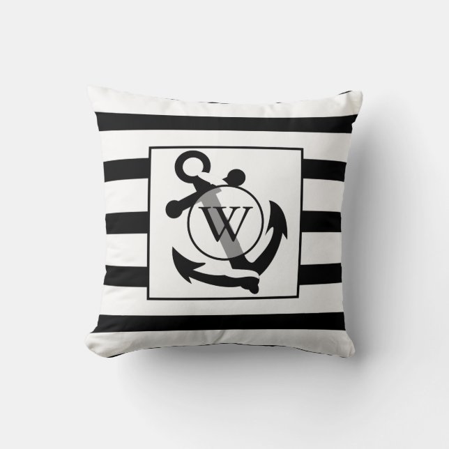 Nautical Anchor Black and White Monogram Stripes Kussen (Voorkant)
