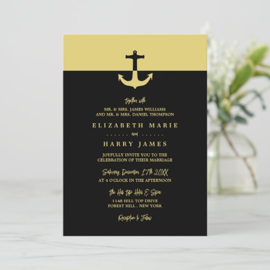 Nautical Anchor - Black Gold - Beach Weddenschap Kaart (Staand voorkant)