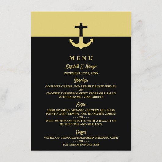 Nautical Anchor - Black Gold - Beach Weddenschap Menu (Voorkant)