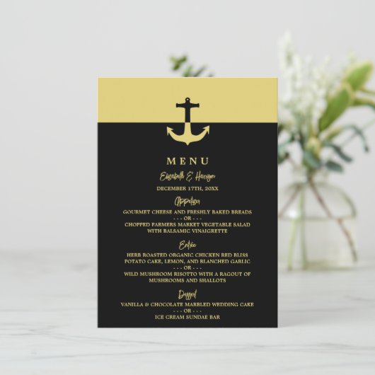 Nautical Anchor - Black Gold - Beach Weddenschap Menu (Staand voorkant)