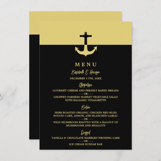 Nautical Anchor - Black Gold - Beach Weddenschap Menu (Voorkant / Achterkant)