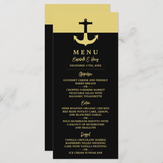 Nautical Anchor - Black Gold - Beach Weddenschap Menu (Voorkant / Achterkant)