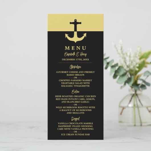 Nautical Anchor - Black Gold - Beach Weddenschap Menu (Staand voorkant)