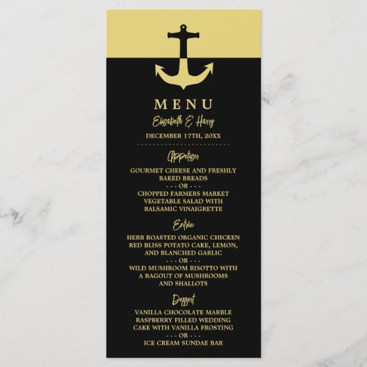 Nautical Anchor - Black Gold - Beach Weddenschap Menu (Voorkant)