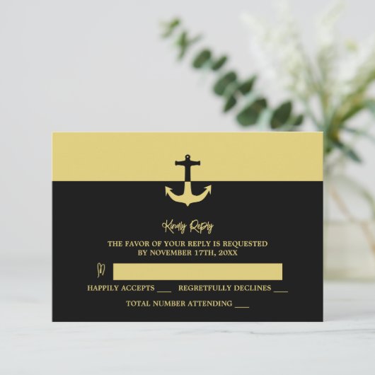 Nautical Anchor - Black Gold - Beach Weddenschap RSVP Kaartje (Staand voorkant)